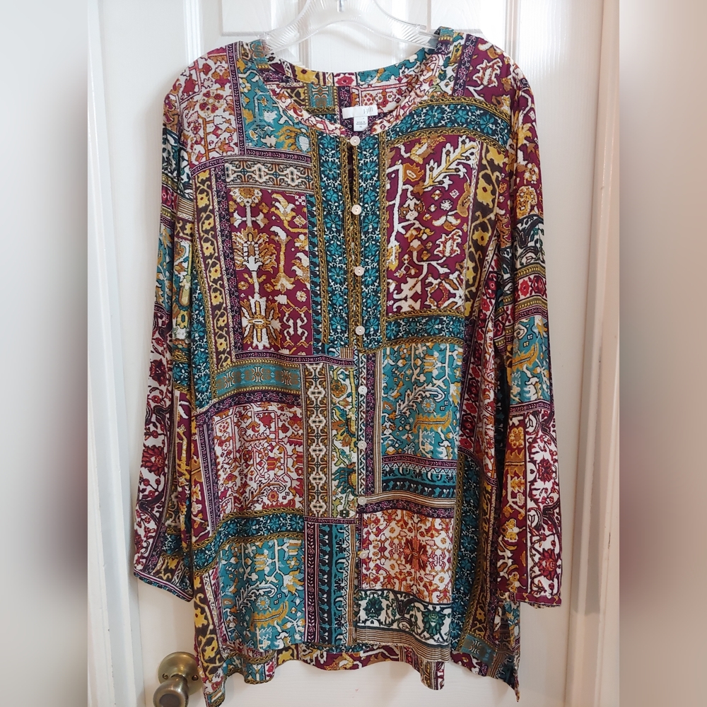 J. Jill Multicolor Patchwork Long Sleeve Button-up Blouse Size XL